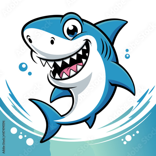 Cute cartoon shark isolated on white swimming in blue ocean water