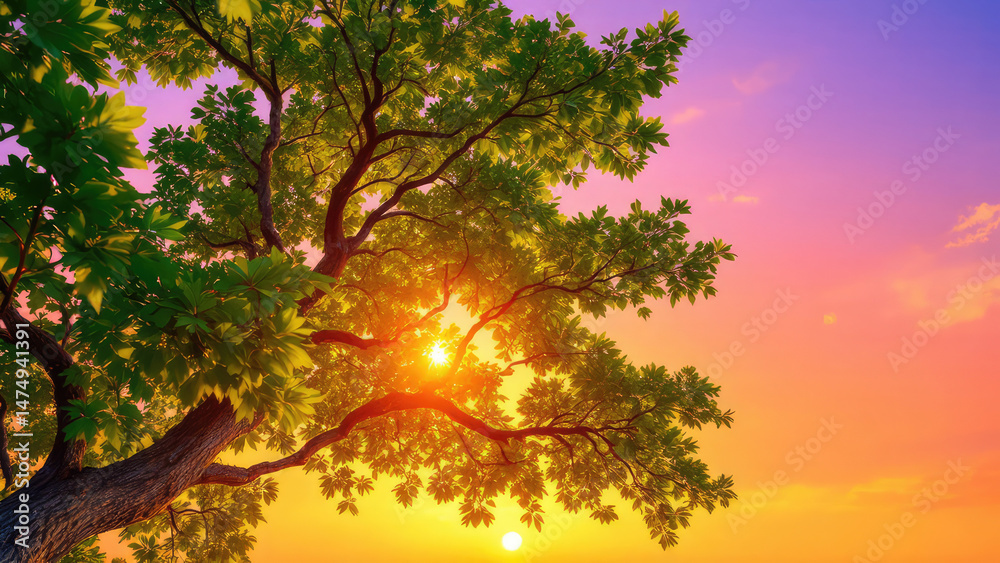 Obraz premium Sunset through tree branches, vibrant colors
