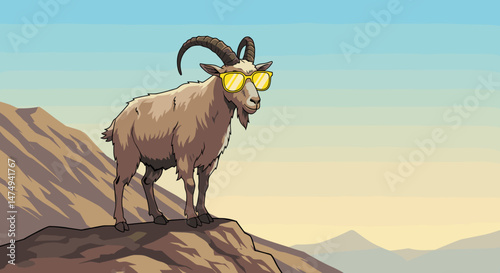 Confident mountain goat wearing sunglasses standing on rocky ledge at sunset