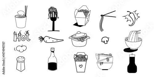 Noddle Doddle set,spicy, home made soupy design set,Hand Drawn icon set, Korean spicy ramen food design element collection,Background design for menu card.   