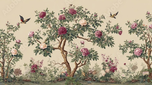 Floral border with trees, roses, and birds. Lush garden scene