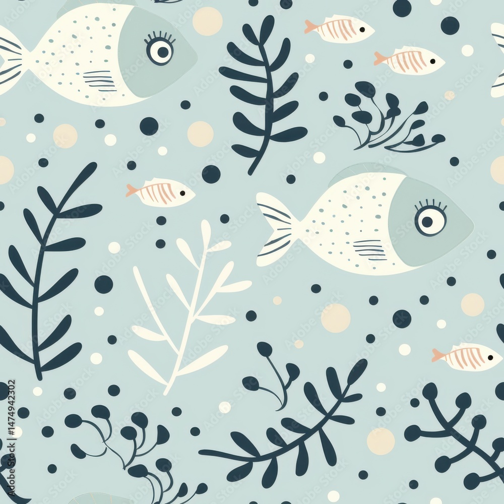 Fototapeta premium seamless minimal pattern of tiny sea creatures in line art style, clean layout, pastel background