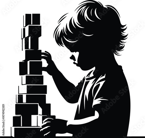Isolated Silhouette of Child with Blocks
