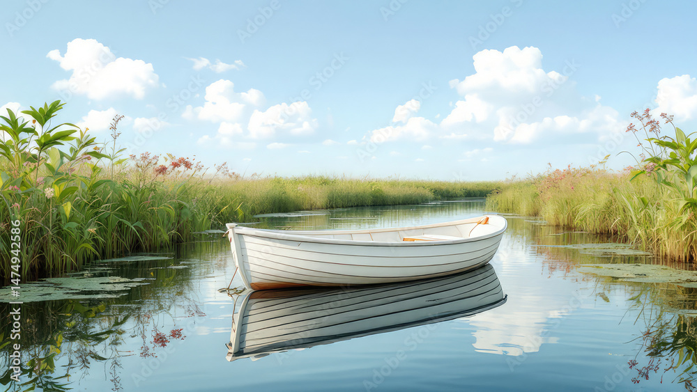 Obraz premium Serene white rowboat on calm river, idyllic summer landscape.