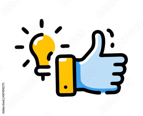 Thumbs-Up Gesture with a Light Bulb Idea in a Colorful Style  