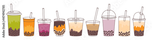 Bubble Tea or Coffee Drinks set. Delicious drinks in plastic cups with straw. Vector illustration