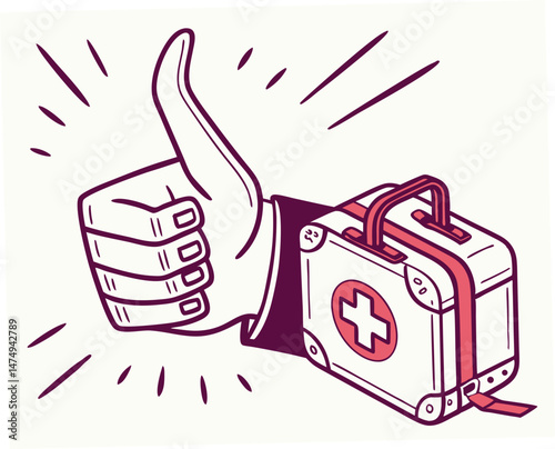 Thumbs Up Gesture with First Aid Kit in Retro Style  