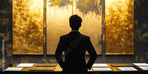 Against a backdrop of abstract paintings and gold decor, a corporate strategist in a black suit deciphers company financials late into the night.