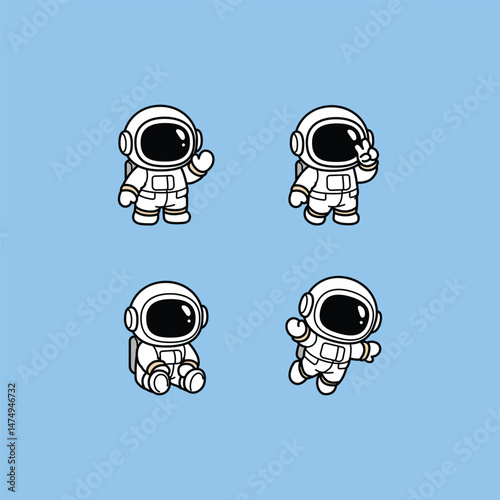 Cute cartoon astronauts in different poses collection, vector illustration
