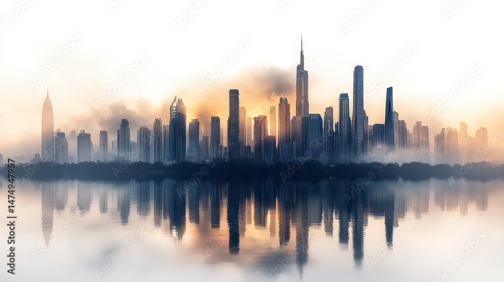 Naklejka premium Skyline reflects in water, shrouded by mist, towers reach towards the sky at dawn