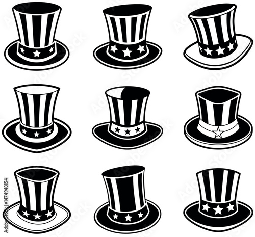 Uncle Sam Top Hat Icons Set, Vector Illustration of Patriotic American Hats