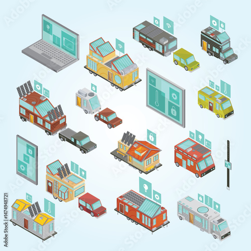Mobile homes isometric set including electronic devices vans and houses trailers with technologies icons isolated vector illustration connection neighborhood household industry social network