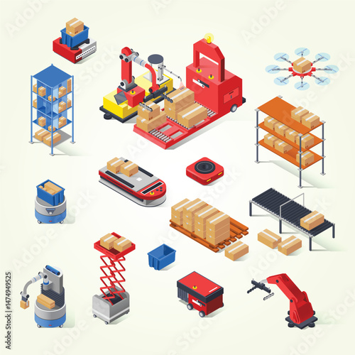 Warehouse Robots Icon Set management stock goods artificial intelligence computer application engineering arm supply chain production commercial autonomous 3d monitoring shipment storehouse 