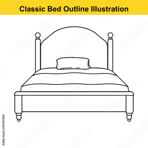 Classic Bed with Pillow Outline Illustration