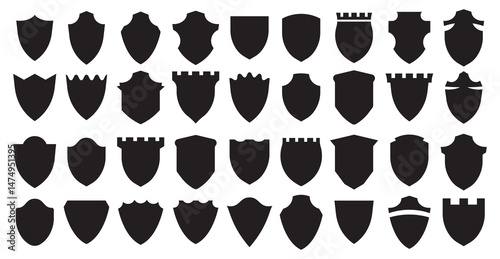 Flat vector icons set of shield shapes. Protect shield security line icons. Badge quality symbol, sign, logo or emblem. Lock shield cyber security technology. Heraldic shield set. Protect shapes