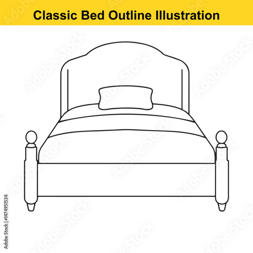 Classic Bed with Pillow Outline Illustration