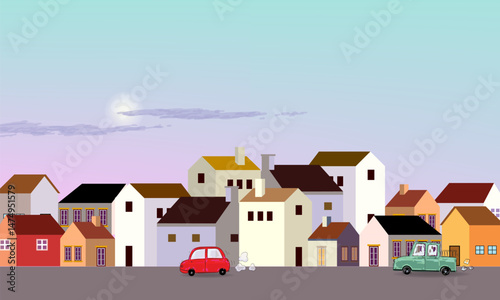 Neighborhood with residential houses, city, town panoramic view landscape vector illustration. Suburban real estate.