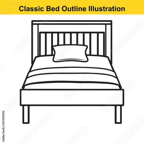 Classic Bed with Pillow Outline Illustration