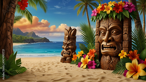 A vibrant tiki statue with a floral crown stands on a tropical beach surrounded by palm trees colorful flowers and ocean waves under a sunny sky with natural background ai.

