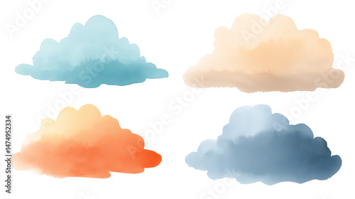 Watercolor clouds in various colors, isolated on white