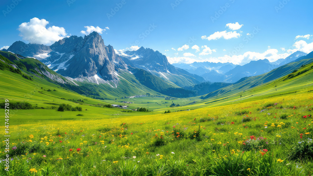 Fototapeta premium Stunning mountain valley landscape with wildflowers and blue sky