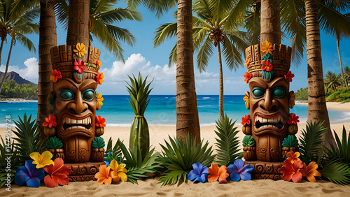 A vibrant tiki statue with a floral crown stands on a tropical beach surrounded by palm trees colorful flowers and ocean waves under a sunny sky with natural background ai.

