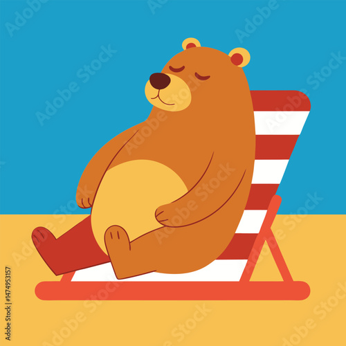 Cartoon bear relaxing on beach chair summer vacation flat design illustration