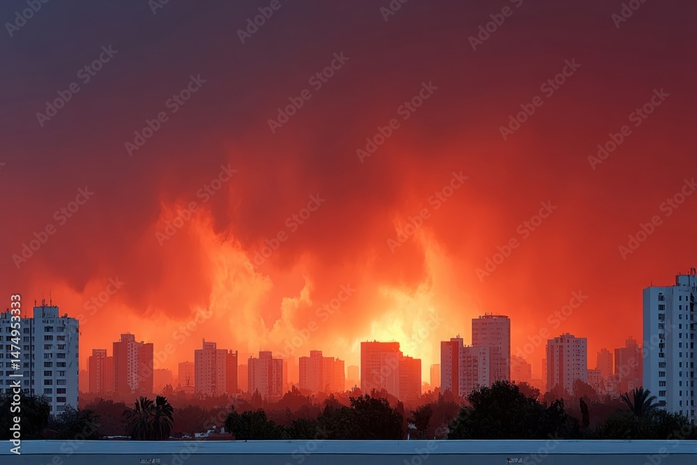 Fototapeta premium Dramatic sunset casts fiery glow over urban skyline with dense clouds and silhouetted buildings