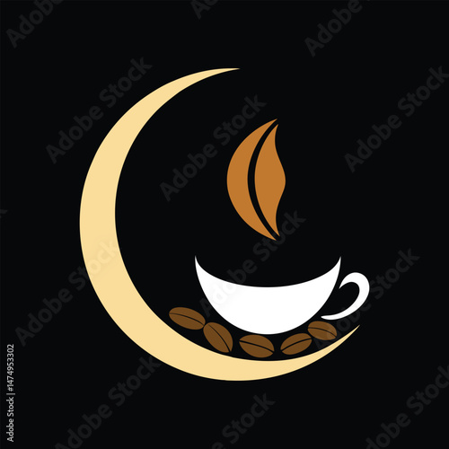 Coffee cup with bean logo design on crescent shape isolated on black