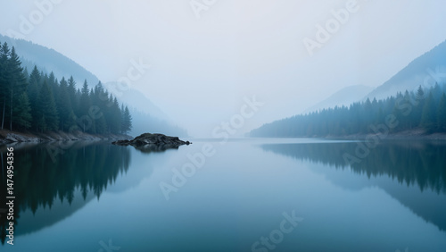 Wallpaper Mural Serene Misty Lake Landscape – Pine Trees in Morning Fog with Tranquil Water Reflection for Nature Photography, Environmental Websites, and Meditation Visuals Torontodigital.ca