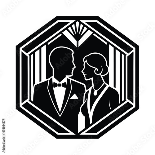 Elegant art deco couple silhouette inside decorative geometric frame in black and white design for luxurious visuals