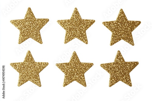 Six gold glitter stars arranged in a grid pattern on a white background.  Each star is composed of fine gold glitter adhered to a flat surface