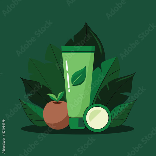 Natural cosmetics product display with leaves and fruit for advertising
