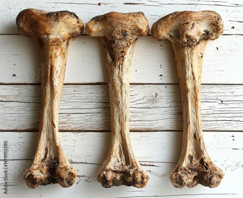 Isolated animal ribs bones on a white background with leftover food in closeup