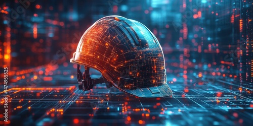 High-tech construction helmet glowing in a digital environment with vibrant lights and patterns showcasing innovation and safety