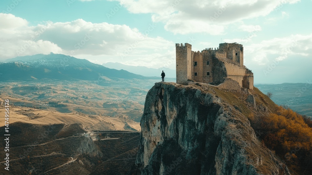 Fototapeta premium Solitude atop a historic fortress overseeing a vast, breathtaking landscape