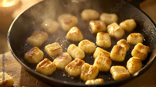 Golden gnocchi sizzle inside cast iron skillet cooking meal