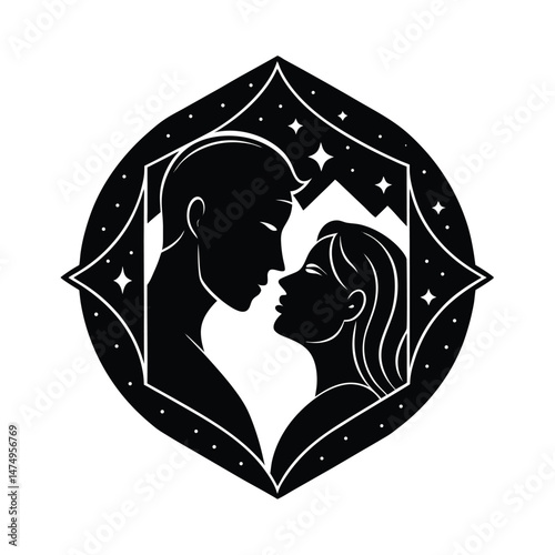 Romantic silhouette of a couple gazing at each other in a decorative frame perfect for love and romance