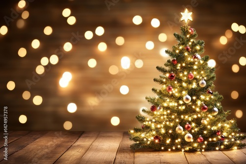 Christmas tree on wooden floor, bokeh background.  Illuminated tree with ornaments, warm lighting on rustic wood