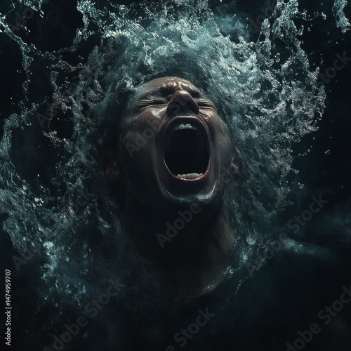 Person Submerged in Water Screaming with Mouth Open, Desperation, Intense Emotion, Danger, Overwhelmed, Suffocating