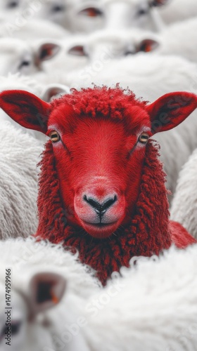 A striking crimson sheep amidst a flock of indistinguishable whites