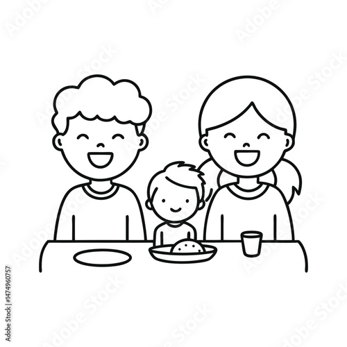 Happy family dinner line art illustration father mother son mealtime