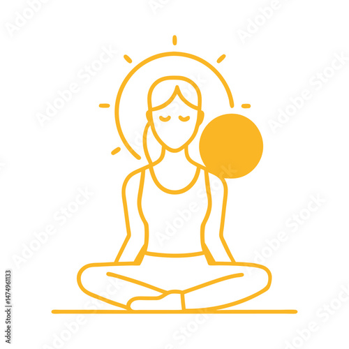 Woman meditating in lotus position with sun aura vector illustration