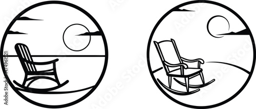 Rocking chair silhouette art resting on a shoreline with a celestial body
