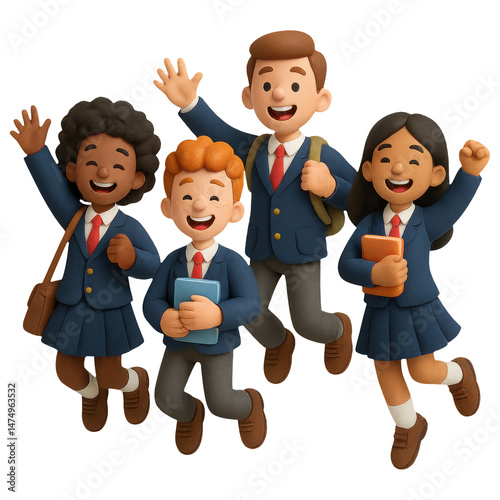 Joyful diverse students back to school with cute icons and education supplies in 3d illustration