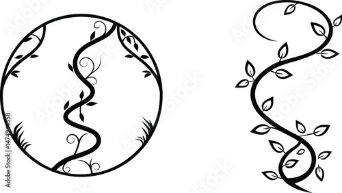 Elegant vine flourishes decorative circle and swirl black silhouettes illustration