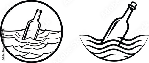 Message in a bottle ocean sea black and white vector illustration