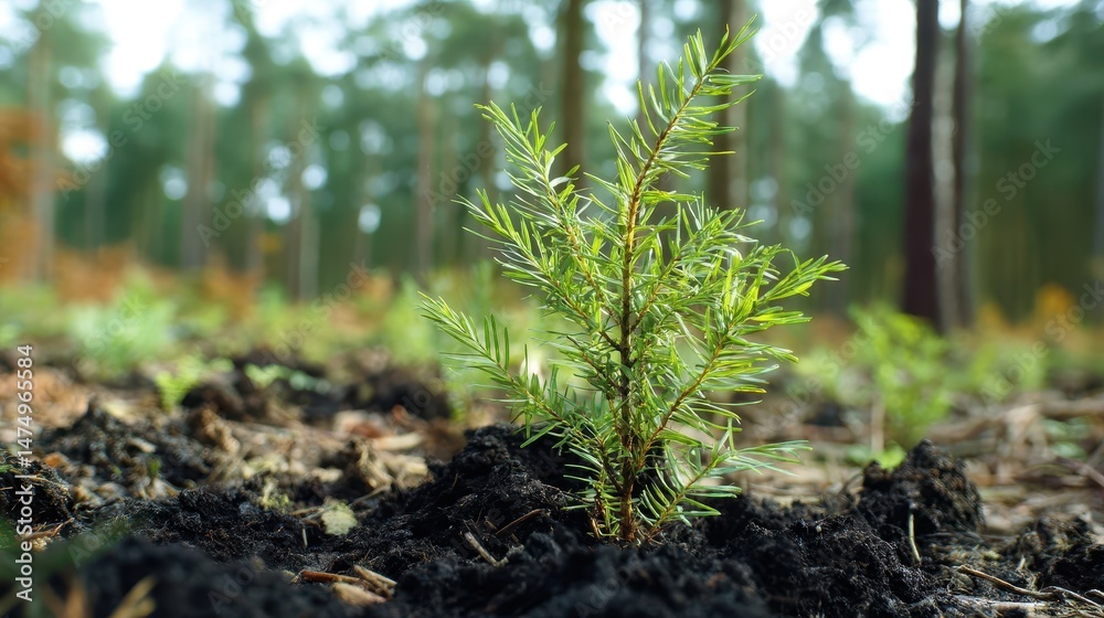 Young sapling planted in forest floor. Young sapling planted in forest floor.