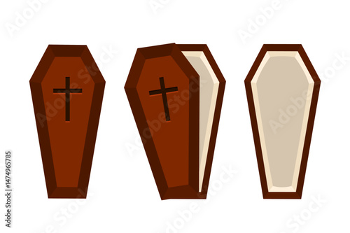 Set of wooden coffin with a cross isolated on white background. Vector stock