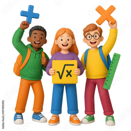 Back to school excitement happy math students with school supplies 3d illustration transparent png